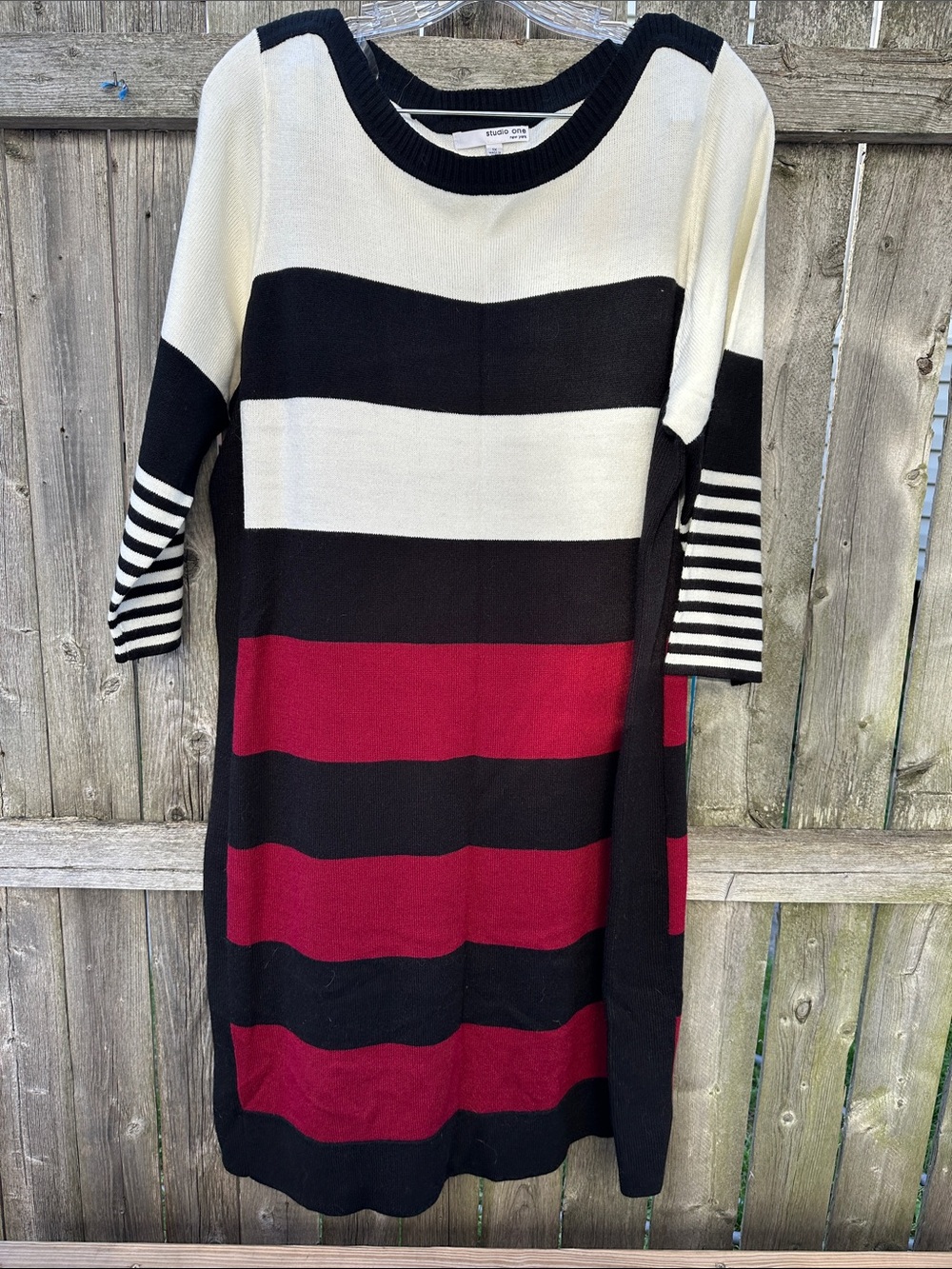 Studio One Striped Long Sleeve Shift Dress - Black, White & Red